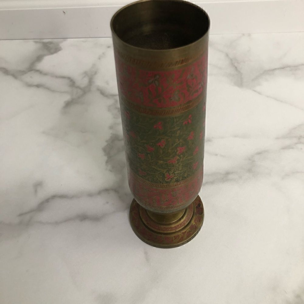 Vintage Etched Enamel Brass Footed Urn/Vase Red and Green Floral - Picture 4 of 10